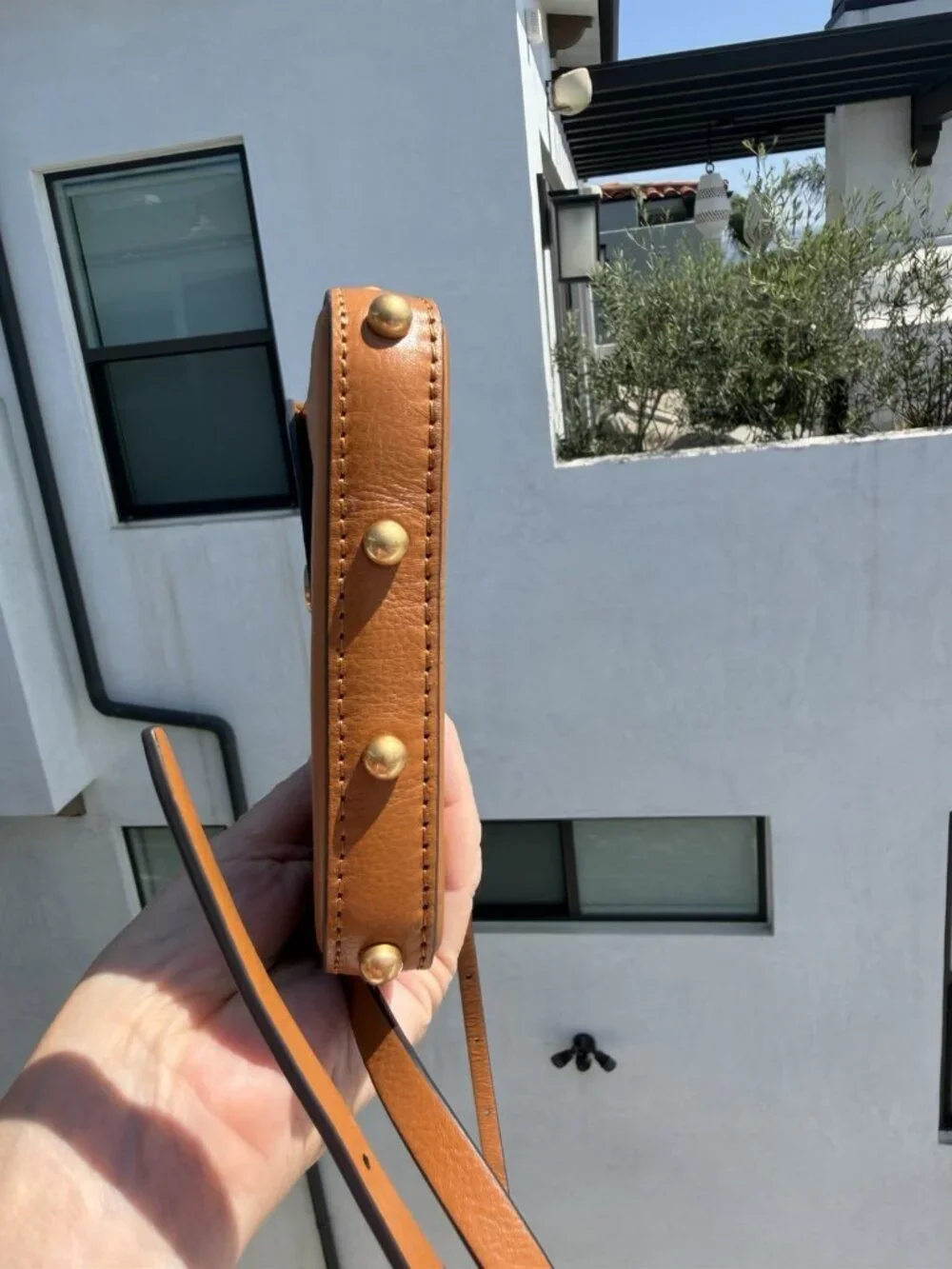 Rebecca Minkoff brown leather crossbody phone gold studded bag travel